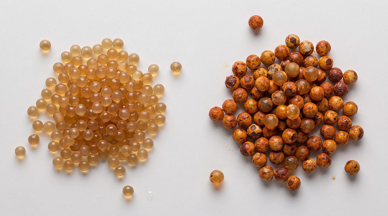 healthy tan resin beads next to iron-stained rust colored resin beads for comparison