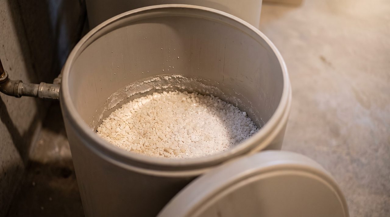 looking down into a brine tank showing salt level and a slightly crusted surface