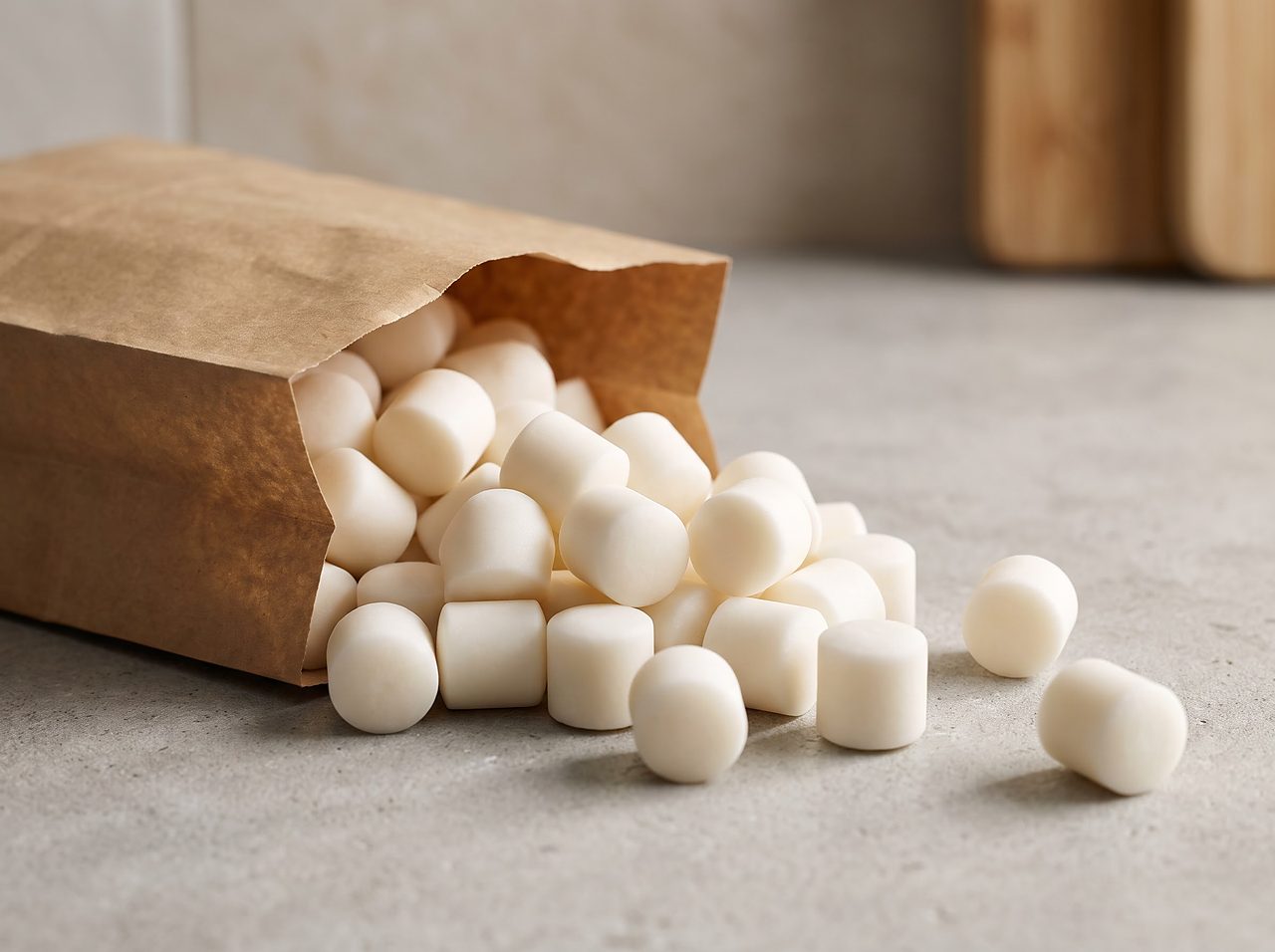 close-up of dense white evaporated water softener salt pellets spilling from a plain bag