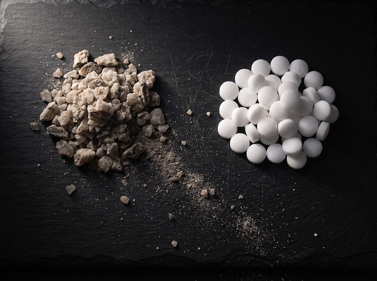 coarse mineral-flecked rock salt beside clean white pellets showing purity contrast