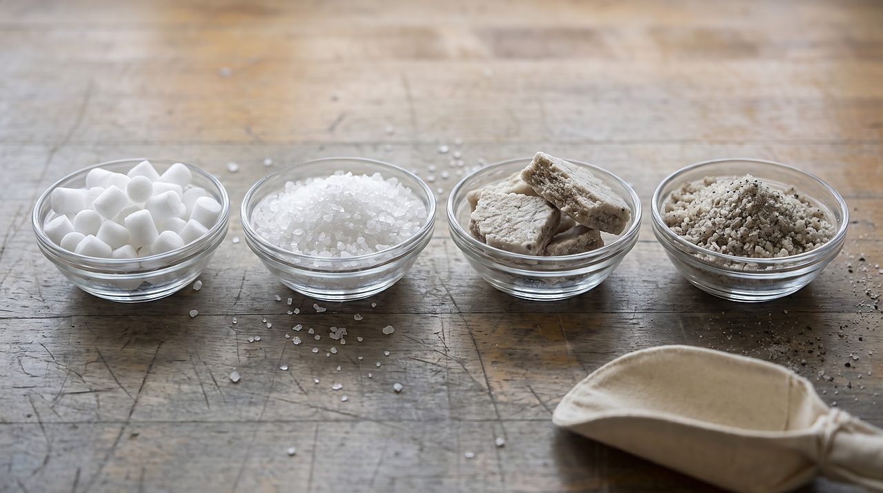 four bowls comparing pellet, crystal, compressed, and mined water softener salt textures