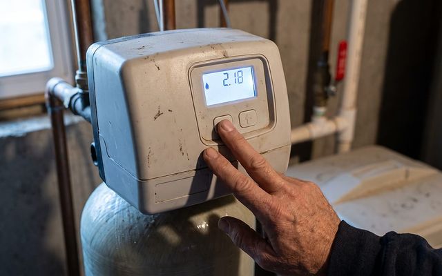 hand adjusting unlabeled buttons on a water softener control head display panel