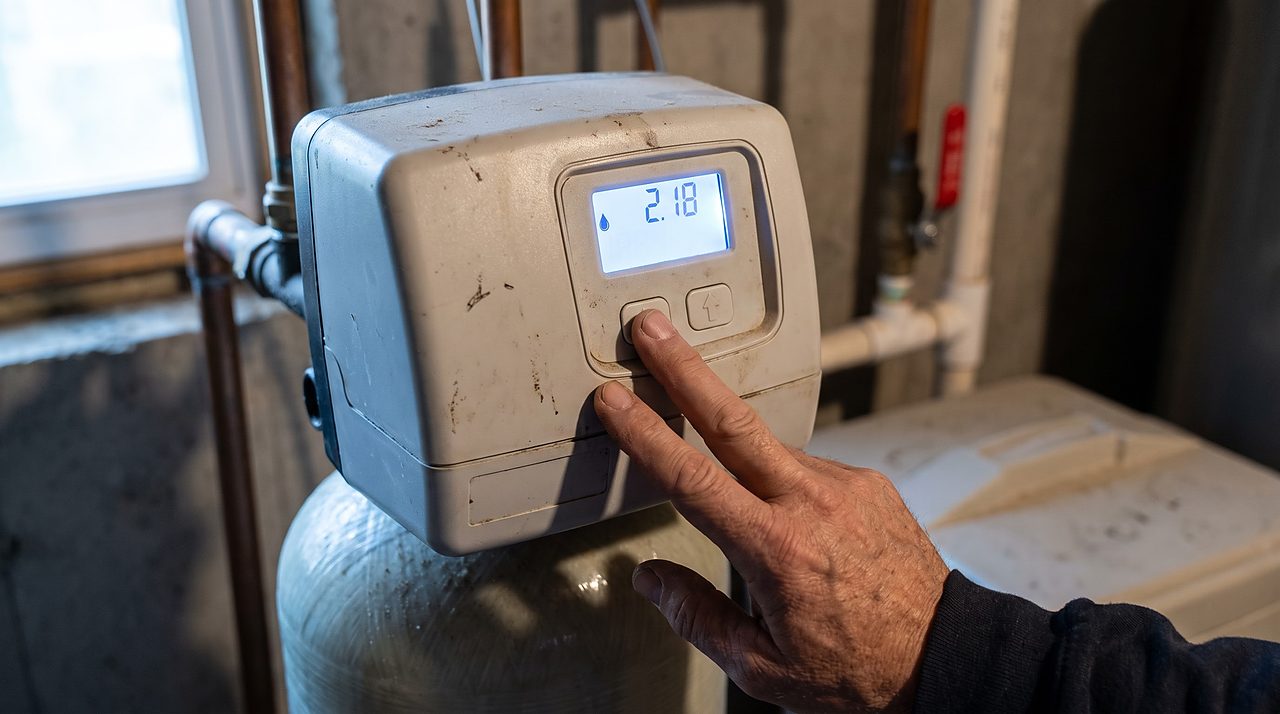 hand adjusting unlabeled buttons on a water softener control head display panel