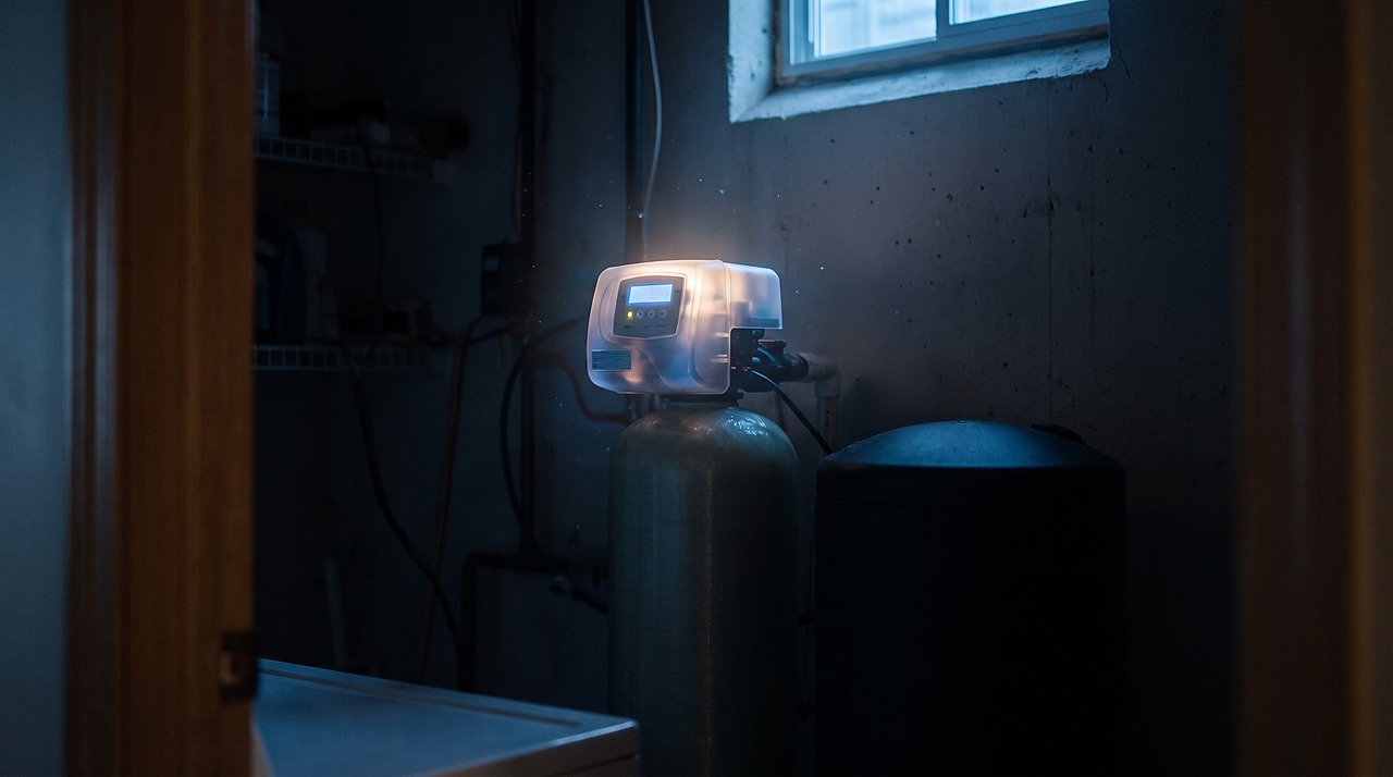 a water softener control head glowing quietly in a dark utility room at night