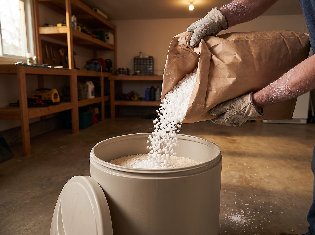 hands pouring water softener salt pellets into an open brine tank