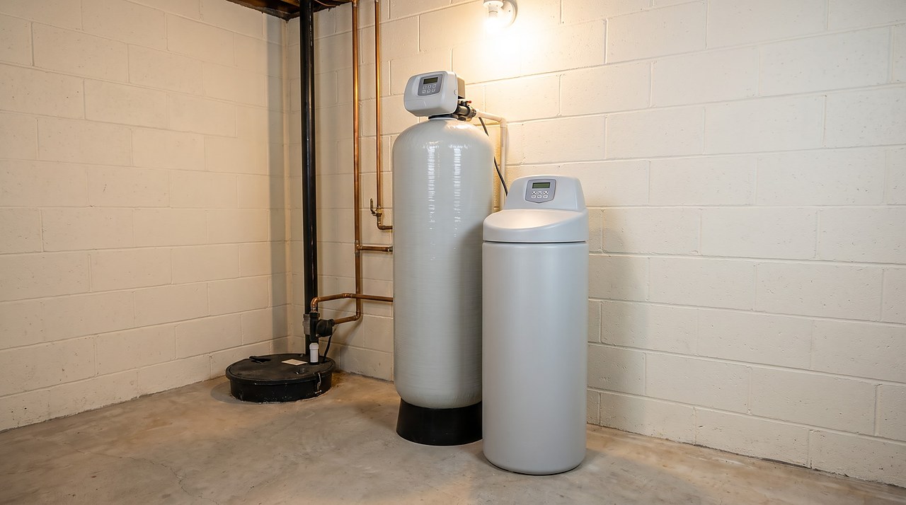two residential softener resin tanks of different sizes standing side by side