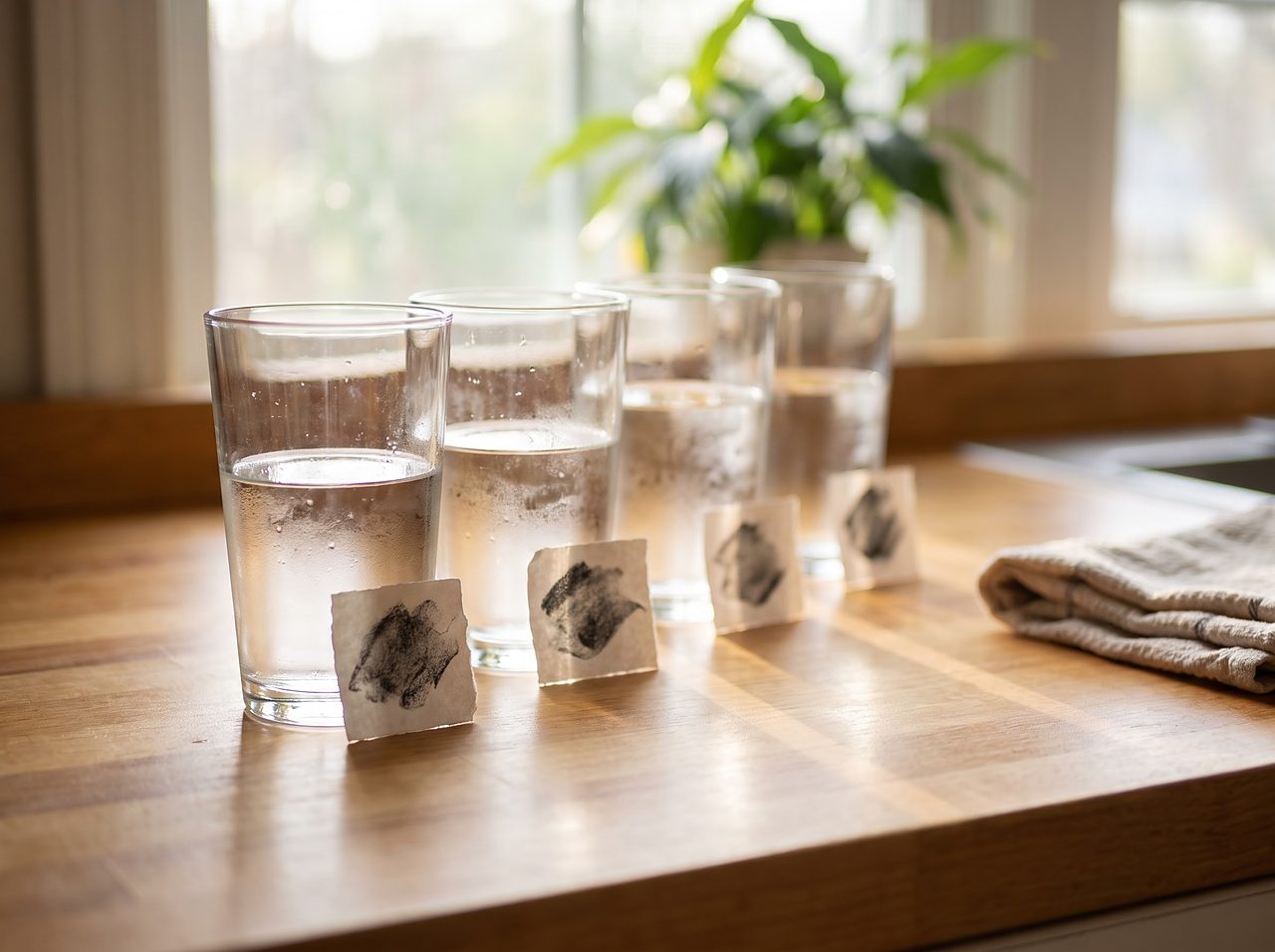 four glasses of tap water arranged to compare relative water hardness levels