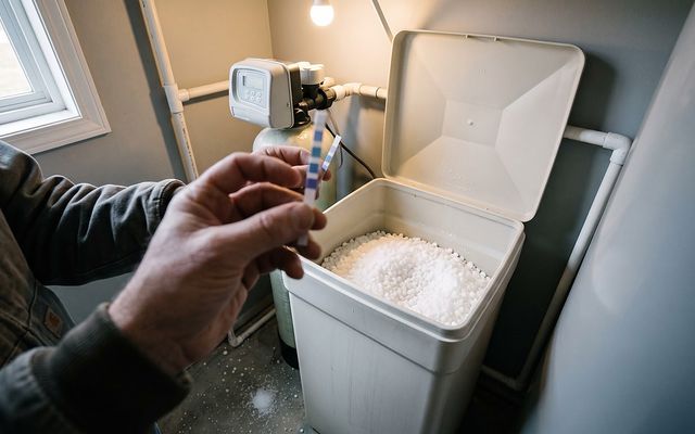 hand holding a hardness test strip beside an open residential brine tank