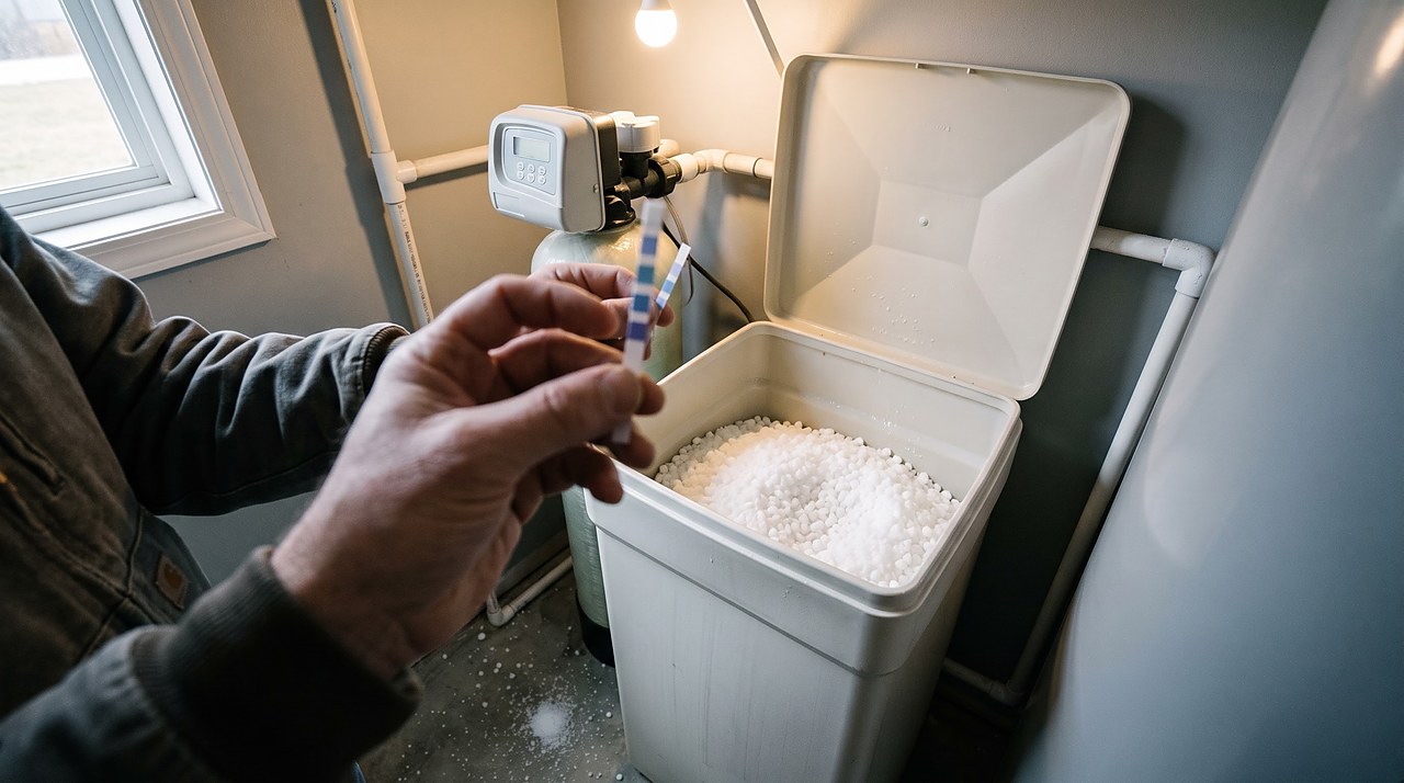 hand holding a hardness test strip beside an open residential brine tank