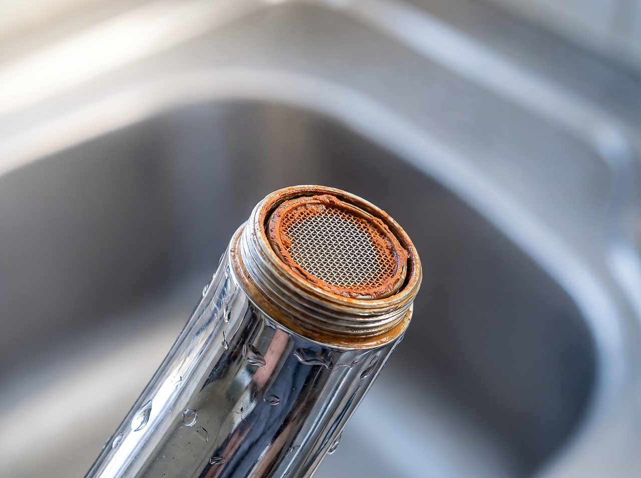 rust-colored iron staining built up inside a kitchen faucet aerator screen